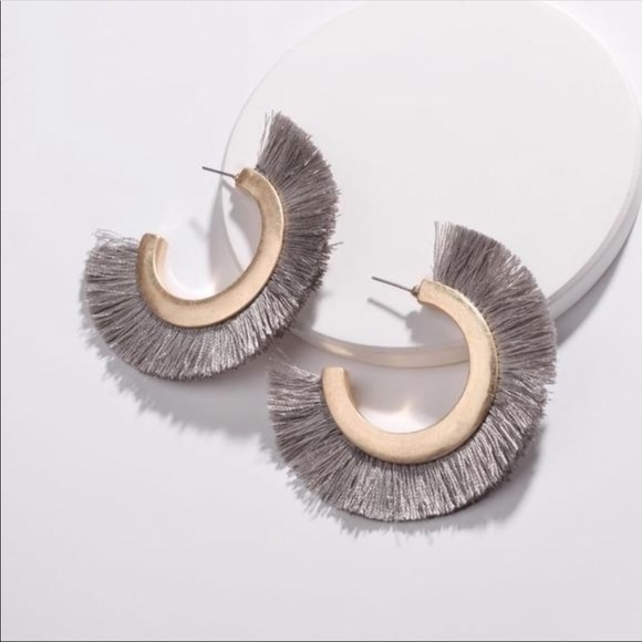 Four Hearts Boutique Jewelry - “Celia” Open hoop Cotton tassel earrings taupe